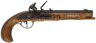 Kentucky Pistol
.45 caliber, 8-1/2" barrel ,
flintlock, maple, brass trim, used,
by Louis Smith Johnson City, Tennessee